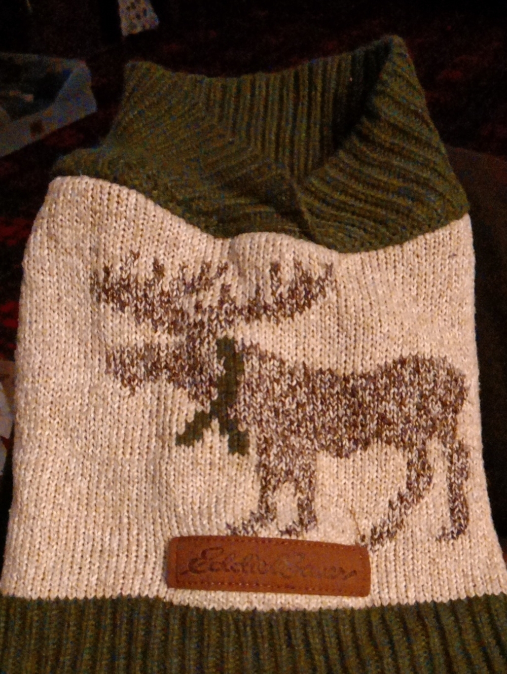 Eddie Bauer Olive & Cream Moose Knit Dog Sweater